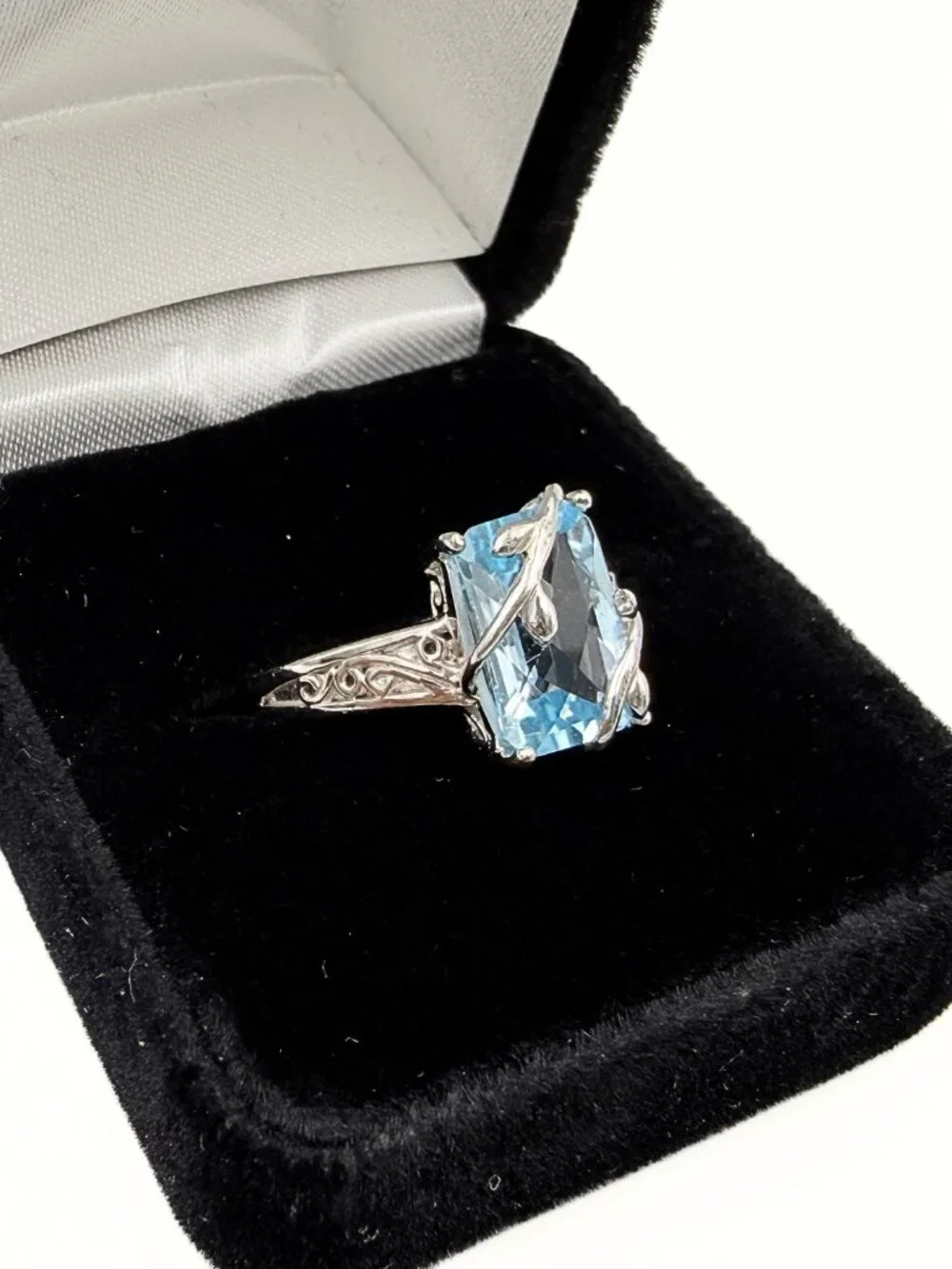 Art Nouveau Revival Marked Sterling Silver  Blue Lab Sapphire Rectangle Ring Sz9